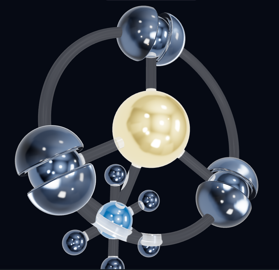 The Kymtx Theater: the conductor core as a gold glass orb with three seats around it on a ring and one stage manager below with its hands on spokes